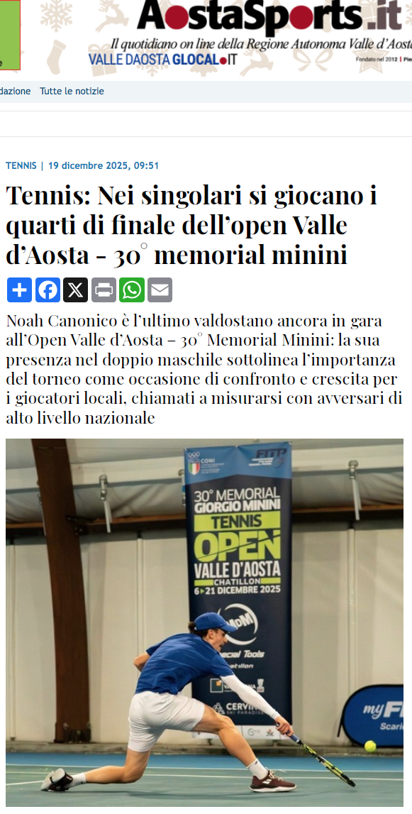 Tennis: Nei singolari si giocano i quarti di finale dell'open Valle d'Aosta - 30° Memorial Minini